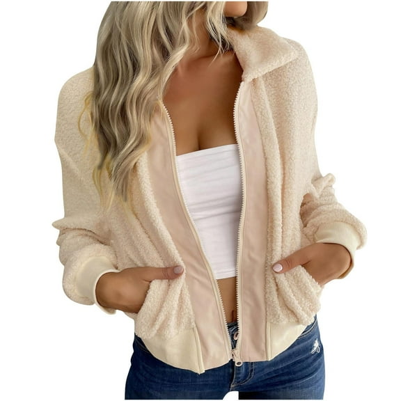 Uaswgudfs Women's Winter Sherpa Jacket, Zip-Up Lapel Fleece Outerwear, Casual Solid Long Sleeve Plush Coat for Daily, Cold Weather & Layering Wear Beige XL
