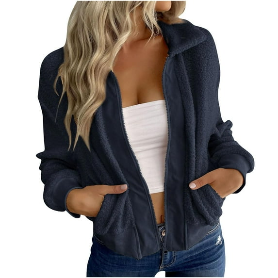 Uaswgudfs Women's Winter Sherpa Jacket, Zip-Up Lapel Fleece Outerwear, Casual Solid Long Sleeve Plush Coat for Daily, Cold Weather & Layering Wear Navy XL