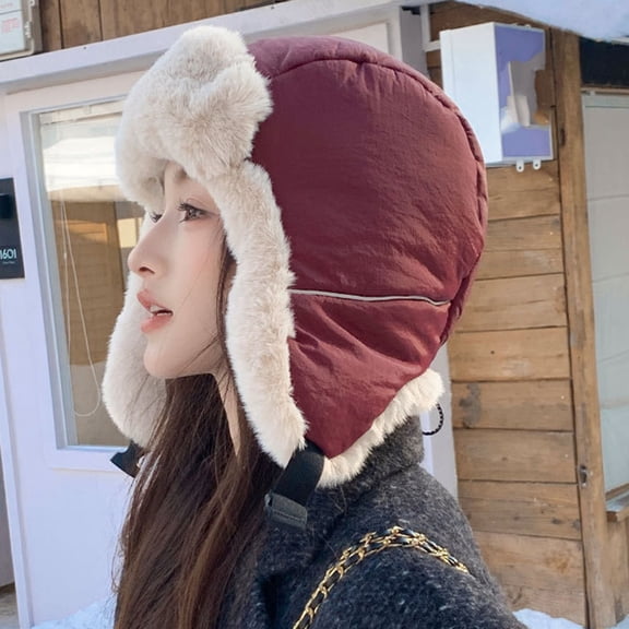 Uaswgudfs Women's Winter Warm Earflap Hat Fleece Lined Thermal Beanie, Windproof Ski Cap with Soft Furry Trim