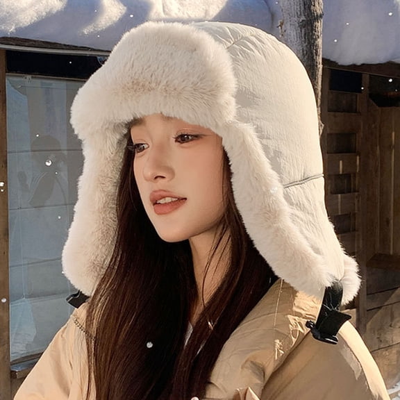 Uaswgudfs Women's Winter Warm Earflap Hat Fleece Lined Thermal Beanie, Windproof Ski Cap with Soft Furry Trim