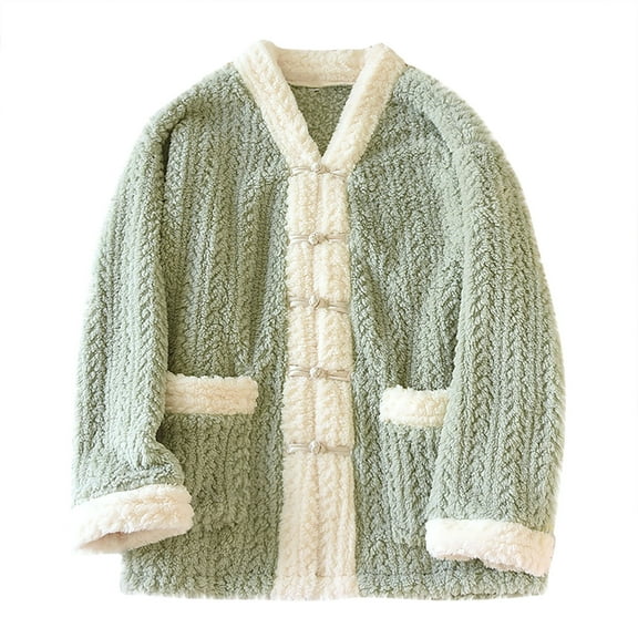 Uaswgudfs Women's Winter Warm Flannel Long Sleeve Button-Up Pajama Top, Soft Pure Cotton Sleepwear with Pockets, Cozy Thermal Loungewear for Home