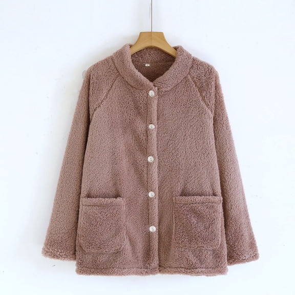 Uaswgudfs Women's Winter Warm Pajama Cardigan with Buttons, Fleece Lined Long Sleeve Sleepwear, Cozy Home Loungewear for Women