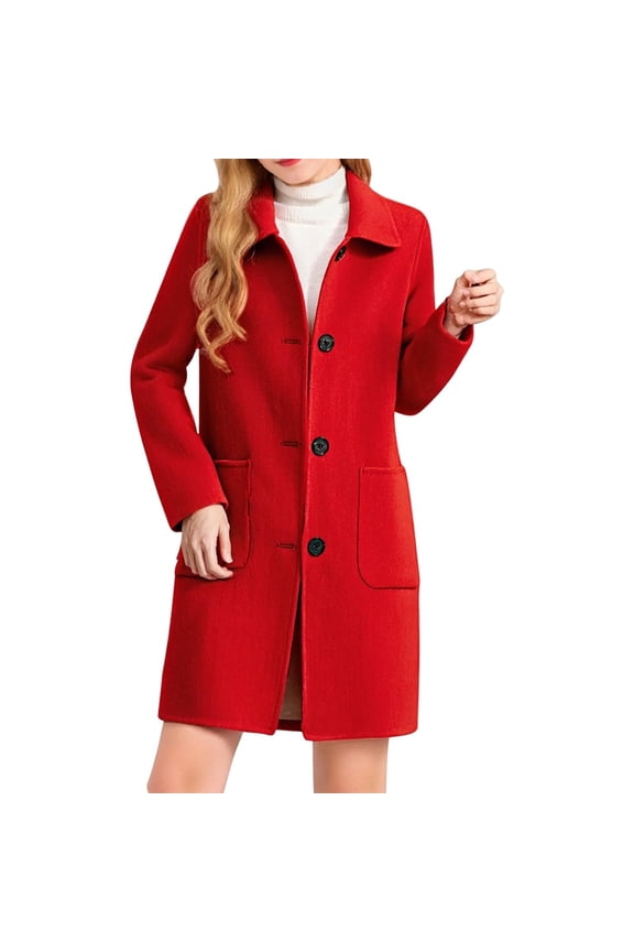 Women's Wool Blend Mid-Length Winter Coat - Straight Fit Windproof Lapel Collar Pockets Commute