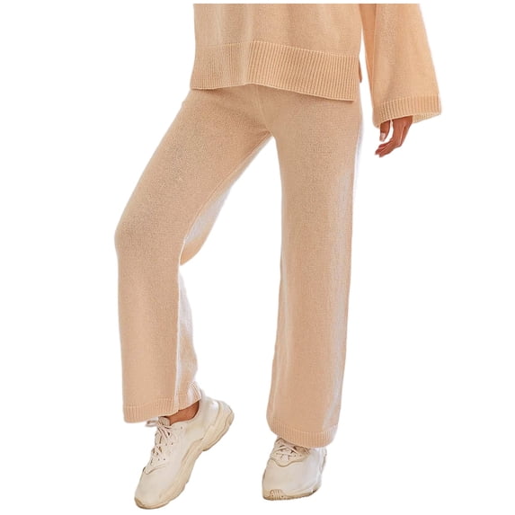 Uaswgudfs Women's Wool Knit Pants Fall Winter Soft Casual Wide Leg Pants with Drawstring Elastic Waistband Beige L