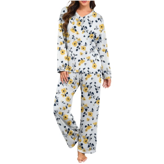 Uaswgudfs Women's Yellow Floral Print Pajama Set V-Neck Long Sleeve Loose Loungewear Top & Pants 2-Piece Casual Sleepwear Outfit for Women Daily Wear & Sleeping White S