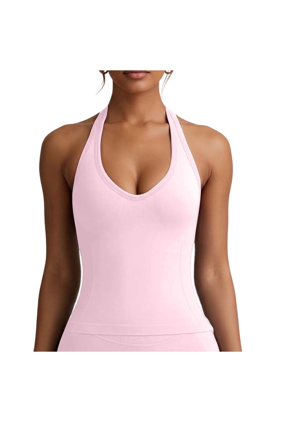 Women's Yoga Tank Top with Built - in Wireless Sports Bra, High Neck Backless Gym Wear for Yoga Pilates Workout, Non Slip Seamless Activewear Made Pink M