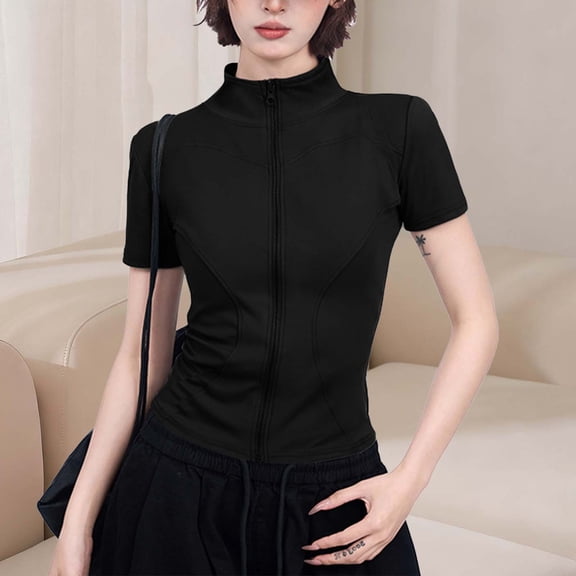 Uaswgudfs Women's Yoga Workout Tops - Casual Fashion Fitted Short Sleeve Shirts, Summer Half-High Neck Waist Cinching Athletic Tees Black L