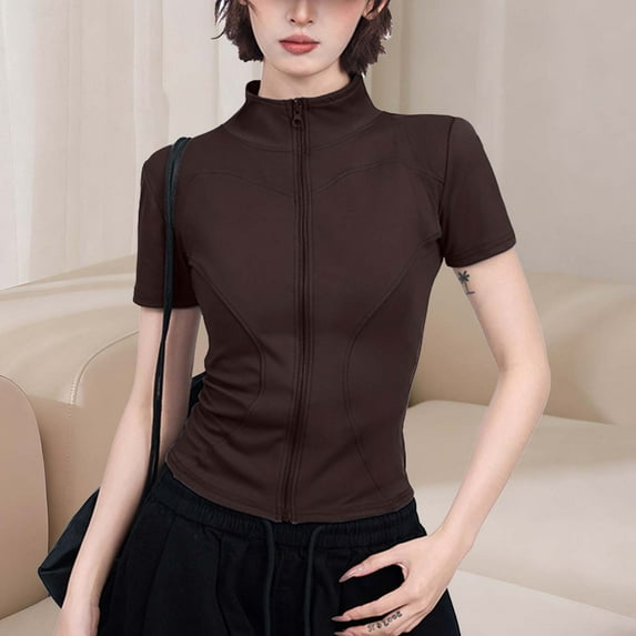 Uaswgudfs Women's Yoga Workout Tops - Casual Fashion Fitted Short Sleeve Shirts, Summer Half-High Neck Waist Cinching Athletic Tees Brown S