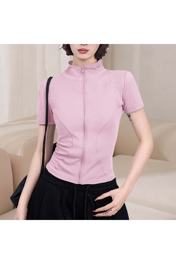 Women's Yoga Workout Tops - Casual Fashion Fitted Short Sleeve Shirts, Summer Half-High Neck Waist Cinching Athletic Tees Pink S