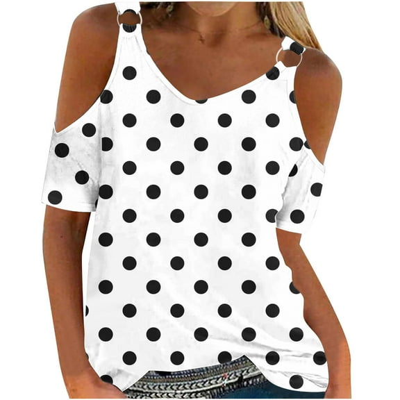 Uaswgudfs Women'sBlouse with Wave Dot Pattern - V Neck Casual Cold Shoulder Short Sleeve Summer Top | Versatile for Everyday Use, Loose Fit Basic Shirt