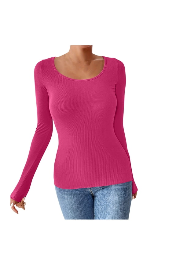 ​Womens Blouses Slim Fit Casual Long Sleeve Round Neck Top, Soft Smooth Fabric Modern Minimalist Design Versatile Everyday Essentials
