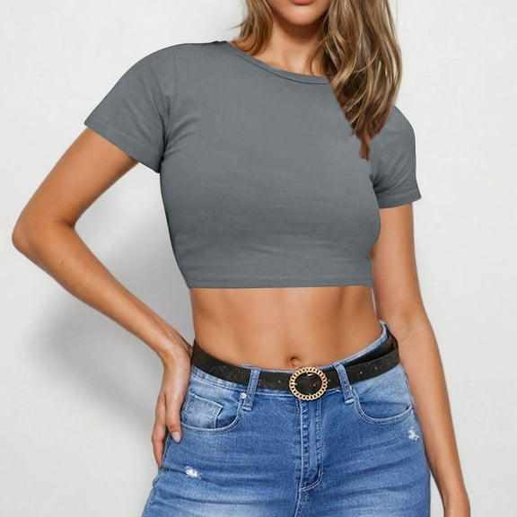 Uaswgudfs Womens Casual Basic Cap Sleeve Solid Slim Fitted Round Neck Blouses Crop Tee Top 2025 New