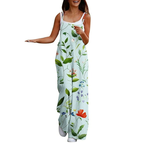 Uaswgudfs Womens Casual Loose Jumpsuits Summer Boho Wide Leg Rompers Sleeveless Overalls with Pockets