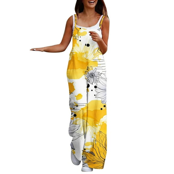 Uaswgudfs Womens Casual Loose Jumpsuits Summer Boho Wide Leg Rompers Sleeveless Overalls with Pockets