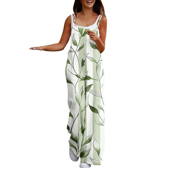 Uaswgudfs Womens Casual Loose Jumpsuits Summer Boho Wide Leg Rompers Sleeveless Overalls with Pockets