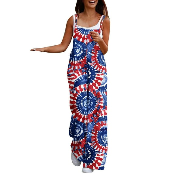 Uaswgudfs Womens Casual Loose Jumpsuits Summer Boho Wide Leg Rompers Sleeveless Overalls with Pockets