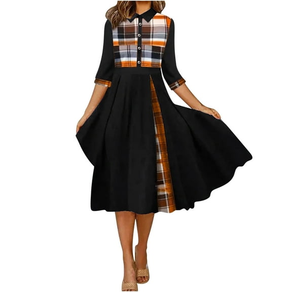 Uaswgudfs Womens Collar Short Sleeve A-Line Dress: Contrast Panel Accents & Casual Summer Style - Versatile Dresses for Women Black L