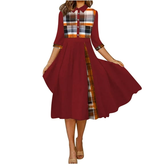 Uaswgudfs Womens Collar Short Sleeve A-Line Dress: Contrast Panel Accents & Casual Summer Style - Versatile Dresses for Women Red L
