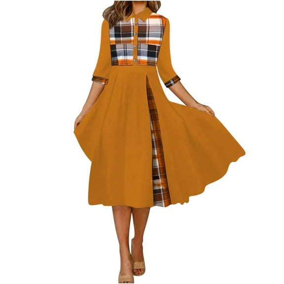 Uaswgudfs Womens Collar Short Sleeve A-Line Dress: Contrast Panel Accents & Casual Summer Style - Versatile Dresses for Women Yellow S