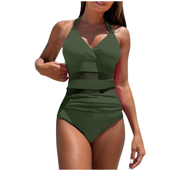 Uaswgudfs Womens Deep V-Neck Cross-Strap Mesh Panel High-Waisted One-Piece Swimsuit Bathing Suit with Modern Silhouette Design Army Green L