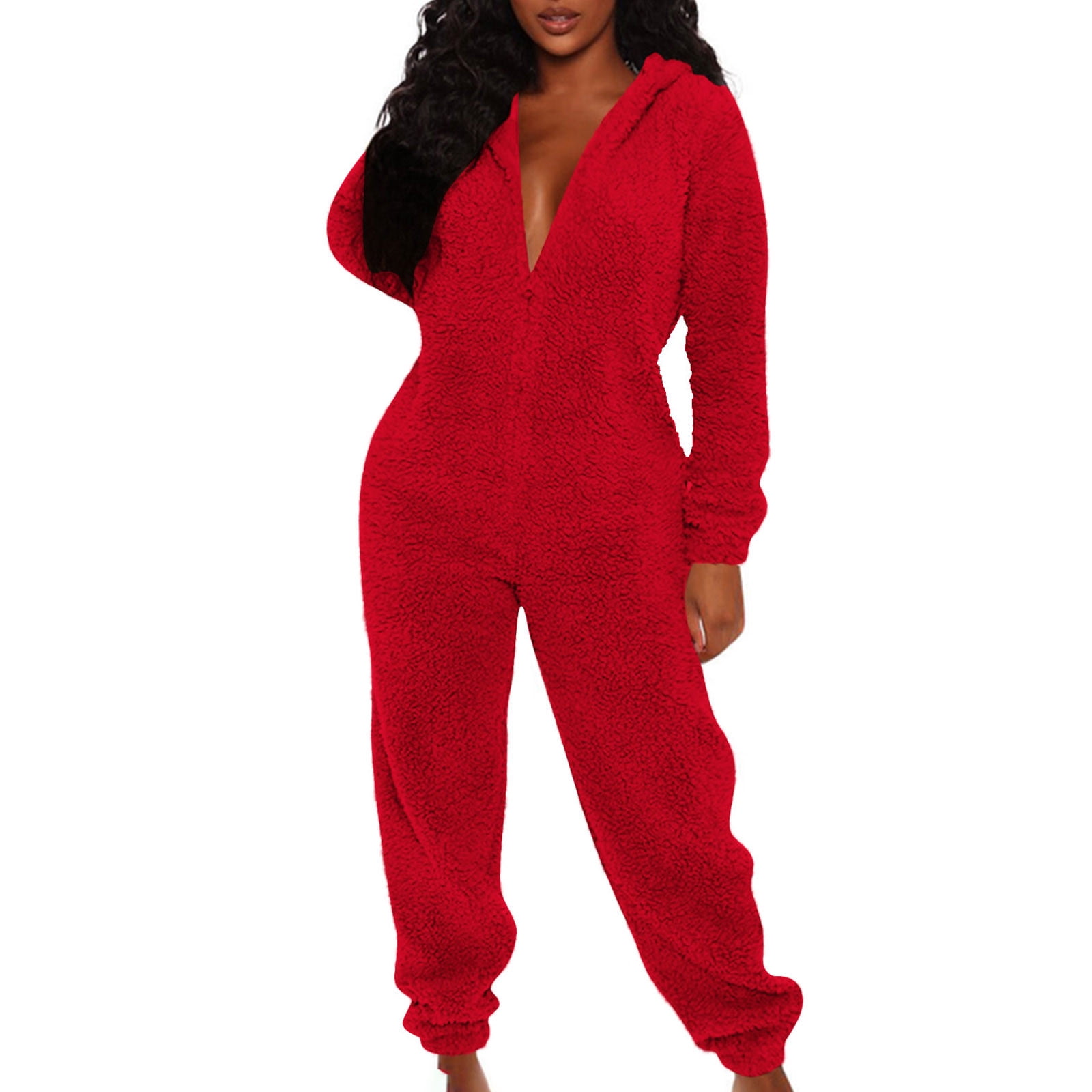 Uaswgudfs Womens Fleece Onesies Pajamas Jumpsuit Warm Romper Sleepwear One Piece Zipper Hooded Playsuit Loungewear Red S