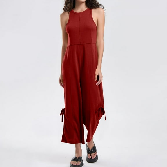 Uaswgudfs Womens One Piece Jumpsuits Sleeveless Wide Leg Jumpsuit Dressy Loose Overalls Vacation Outfits Wine 3XL