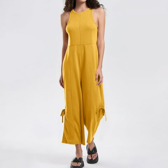 Uaswgudfs Womens One Piece Jumpsuits Sleeveless Wide Leg Jumpsuit Dressy Loose Overalls Vacation Outfits Yellow S