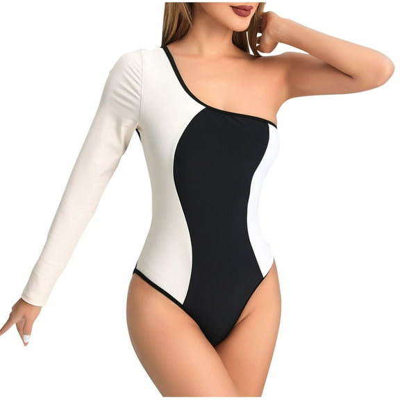 Uaswgudfs Womens One-Piece Swimsuit with Asymmetric One-Shoulder & Long Sleeve Design - Curved Seam Swimwear for Poolside or Beach White XL