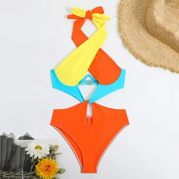 Uaswgudfs Womens One-Piece Swimsuit with Cross Strap Off-Shoulder & Cutout Accents, Form-Fitting Swimwear Design for Pool Orange S