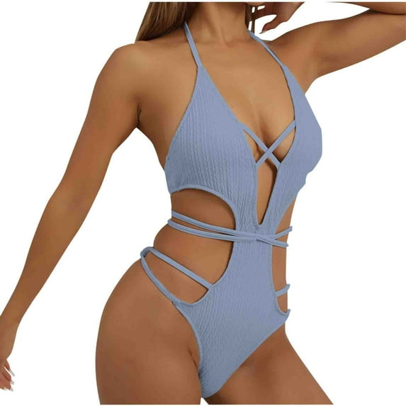 Uaswgudfs Womens One-Piece Swimsuit with Cutout Accents & Intersecting Straps, Textured Form-Fitting Swimwear Modern Bathing Suit Design Blue L