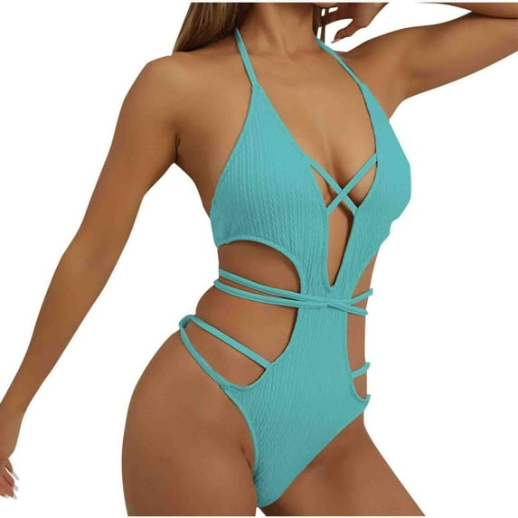 Uaswgudfs Womens One-Piece Swimsuit with Cutout Accents & Intersecting Straps, Textured Form-Fitting Swimwear Modern Bathing Suit Design Light Blue S