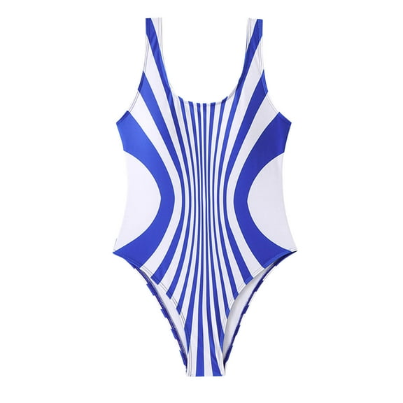Uaswgudfs Womens One-Piece Swimsuit with Dynamic Curved Patterns | Symmetric Stripes for Bathing Suit Swimwear Blue L