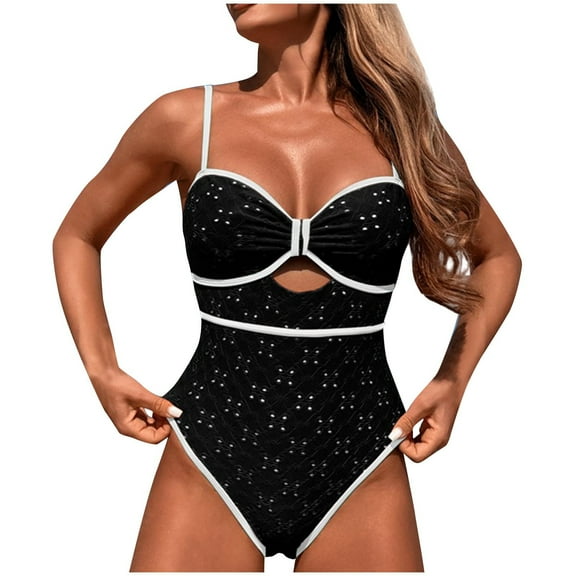 Uaswgudfs Womens One-Piece Swimsuit with Heart-Shaped Cutouts & Embellished Design - Form-Fitting Swimwear for Pool or Beach Style Black L