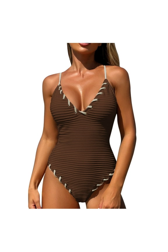 Womens One-Piece Swimsuit with Slim Straps & Decorative Edge Seaming, Elasticated Form-Fitting Swimwear Orange L