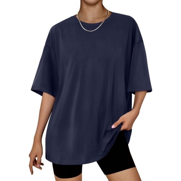 Uaswgudfs Womens Oversized Summer Short Sleeve Crew Neck T Shirts Business Casual Dressy Tops Beach Vacation Clothes Spring Fashion 2025