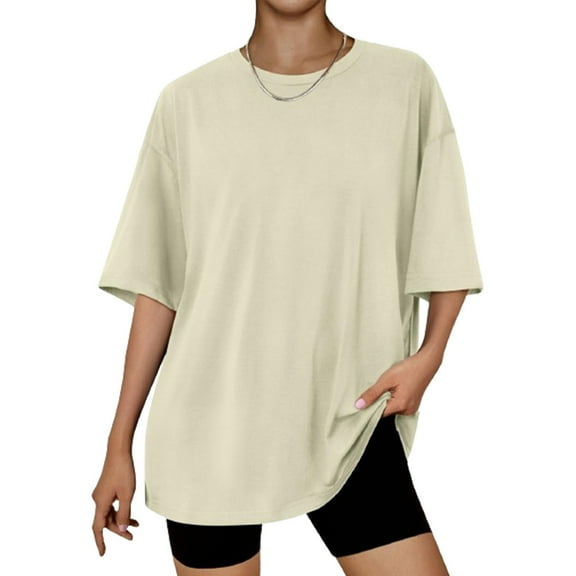 Uaswgudfs Womens Oversized Summer Short Sleeve Crew Neck T Shirts Business Casual Dressy Tops Beach Vacation Clothes Spring Fashion 2025
