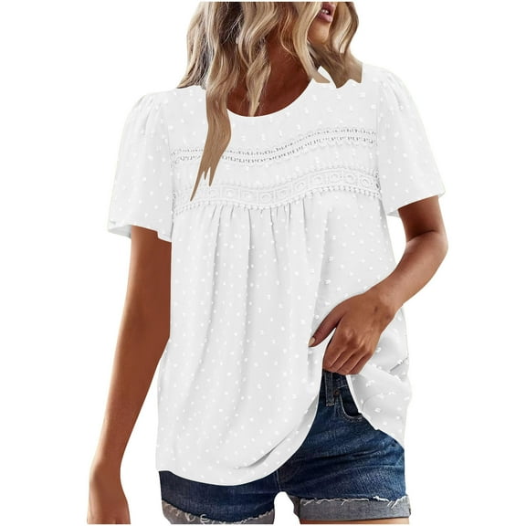 Uaswgudfs Womens Oversizes Summer Tops Crewneck Short Sleeve Shirts Casual Chiffon Blouses Flowy Lace Hem Trendy 2025