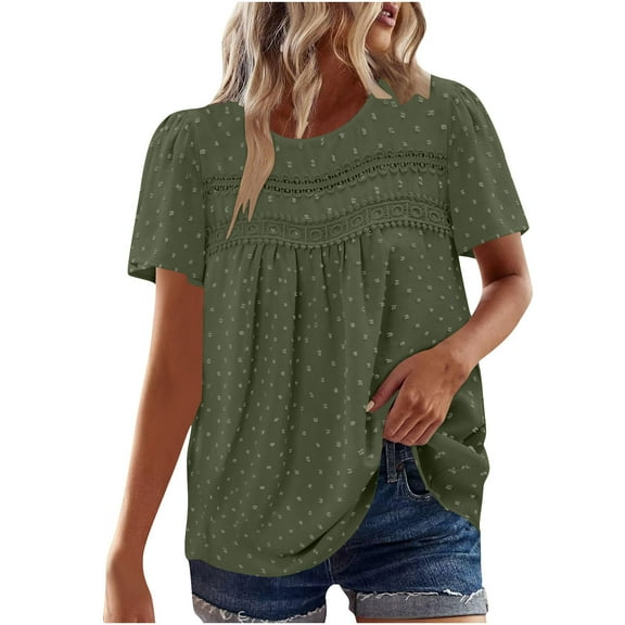 Uaswgudfs Womens Oversizes Summer Tops Crewneck Short Sleeve Shirts Casual Chiffon Blouses Flowy Lace Hem Trendy 2025