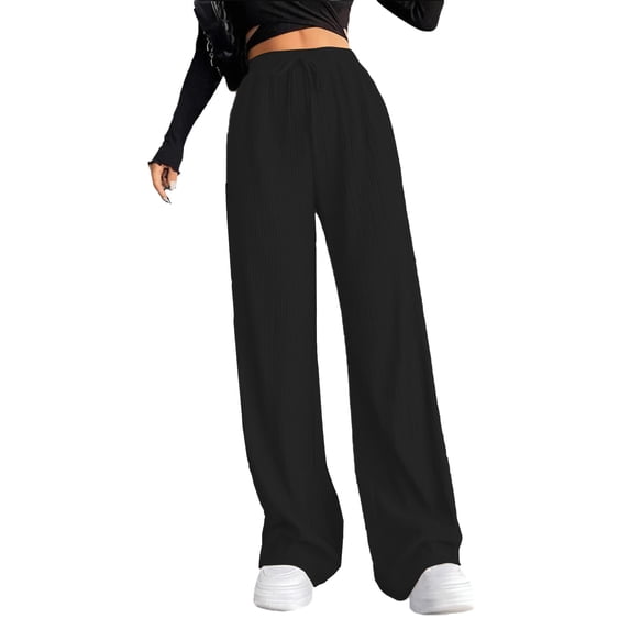 Uaswgudfs Womens Pants Casual Drawstring Flowy Pants Wide Leg Summer Beach Linen Trousers with Pockets Black S