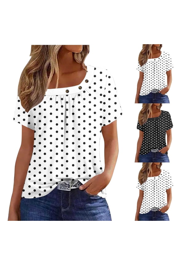 Womens Plus Size Tops, Short Sleeve Summer Blouses, Polka Dot Square Neck Loose Tees for Casual Wear