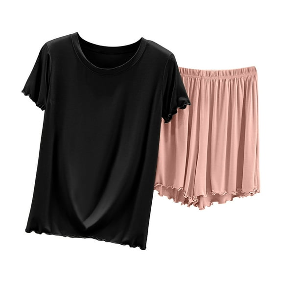 Uaswgudfs Womens Short Sleeve Pajamas Set Cotton Pj Sets Scoop Neck Top and Shorts Ruffle Sleepwear Summer 2 Piece Loungewear