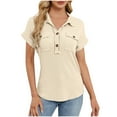 thumbnail image 1 of Uaswgudfs Womens Short Sleeve V Neck Shirts Dressy Casual Work Collared Button Summer Slim Fit Tops Beige XL, 1 of 8