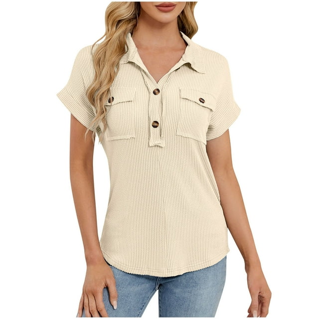Uaswgudfs Womens Short Sleeve V Neck Shirts Dressy Casual Work Collared Button Summer Slim Fit Tops Beige XL