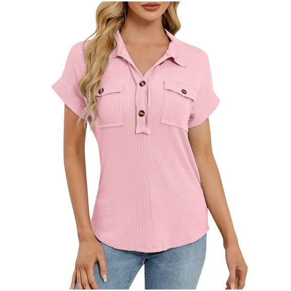 Uaswgudfs Womens Short Sleeve V Neck Shirts Dressy Casual Work Collared Button Summer Slim Fit Tops Pink S