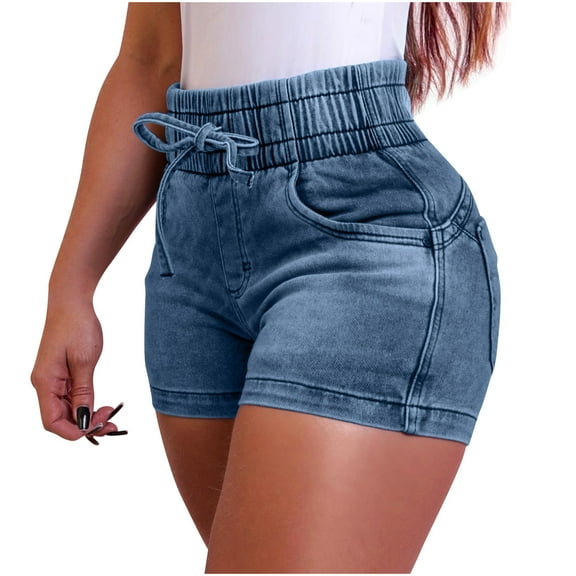 Uaswgudfs ​Womens Shorts: High Waisted Denim Elastic Waist Adjustable Drawstring - Classic Five Pocket Jean Shorts for Everyday Wear Blue L