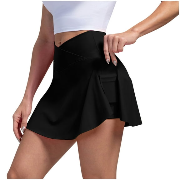 Uaswgudfs ​Womens Skorts Shorts: High Waisted A-Line with Crossover Design & Concealed Pocket - Stretchy Athletic Skirt Shorts for Women Black S