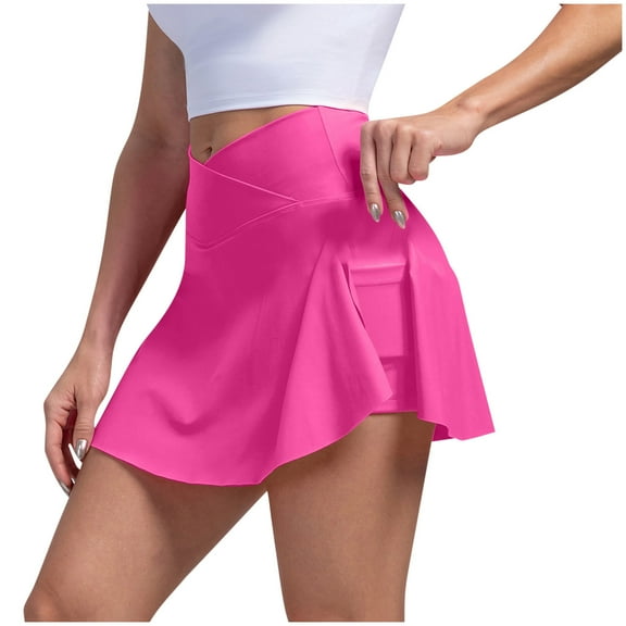 Uaswgudfs Womens Skorts Shorts: High Waisted A-Line with Crossover Design & Concealed Pocket - Stretchy Athletic Skirt Shorts for Women Hot Pink L