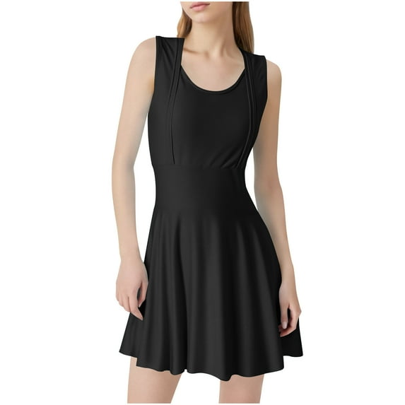 Uaswgudfs Womens Sleeveless Dress Style Crew Neck A-line Hem One-Piece Swimsuit Bathing Suit with Elegant Flattering Silhouette Black 2XL