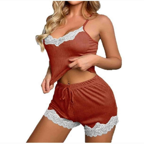 Uaswgudfs Womens Sleeveless Pajamas Set Cotton Lace Cami knitted pajamas Pj Sets Top and Lace Shorts Sleepwear Summer 2 Piece Loungewear