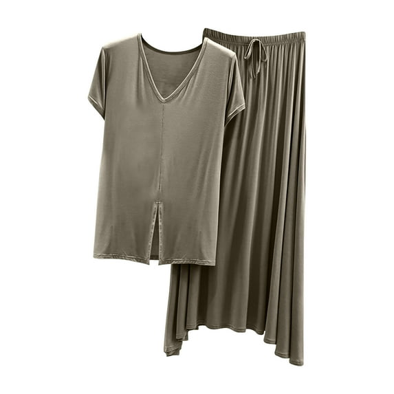 Uaswgudfs Womens Sleeveless Pajamas Set Cotton pajamas Pj Sets V-Neck Short Sleeve Hem split Top and Maxi skirt Sleepwear Summer 2 Piece Loose Loungewear